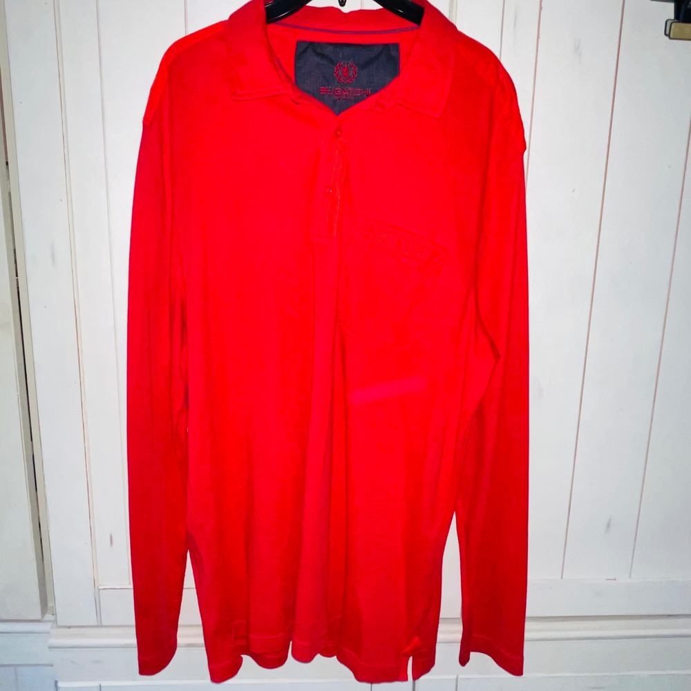 Bugatchi Uomo Mens Long Sleeve Polo Shirt Red Performance Knit Pocket XL